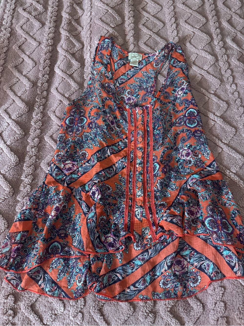 Boho Floral Paisley Orange Sleeveless Button-Front Women's Top